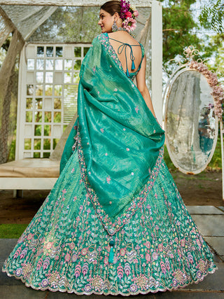 Sea Green Premium Tissue Fabric Semi-Stitched Lehenga Set with Sequins, Coding & Thread Embroidery Work ClothsVilla