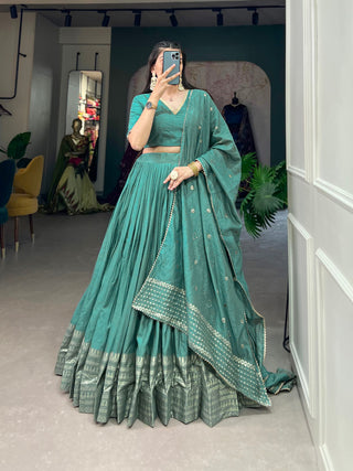 Sea Green Pure Chanderi Lehenga Choli Set with Zari Border & Sequin Dupatta ClothsVilla