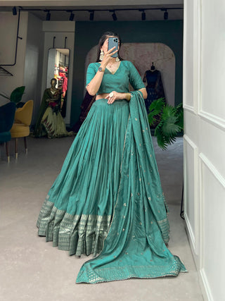 Sea Green Pure Chanderi Lehenga Choli Set with Zari Border & Sequin Dupatta ClothsVilla