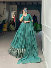 Load image into Gallery viewer, Sea Green Pure Chanderi Lehenga Choli Set with Zari Border &amp; Sequin Dupatta ClothsVilla