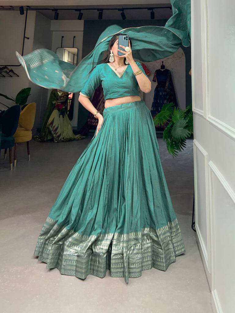 Sea Green Pure Chanderi Lehenga Choli Set with Zari Border & Sequin Dupatta ClothsVilla