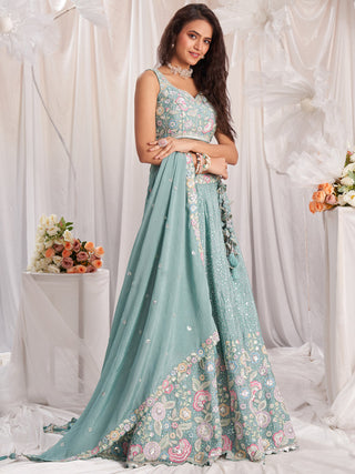 Sea Green Pure Chiffon Sequins and thread embroidery Semi-Stitched Lehenga choli & Dupatta ClothsVilla