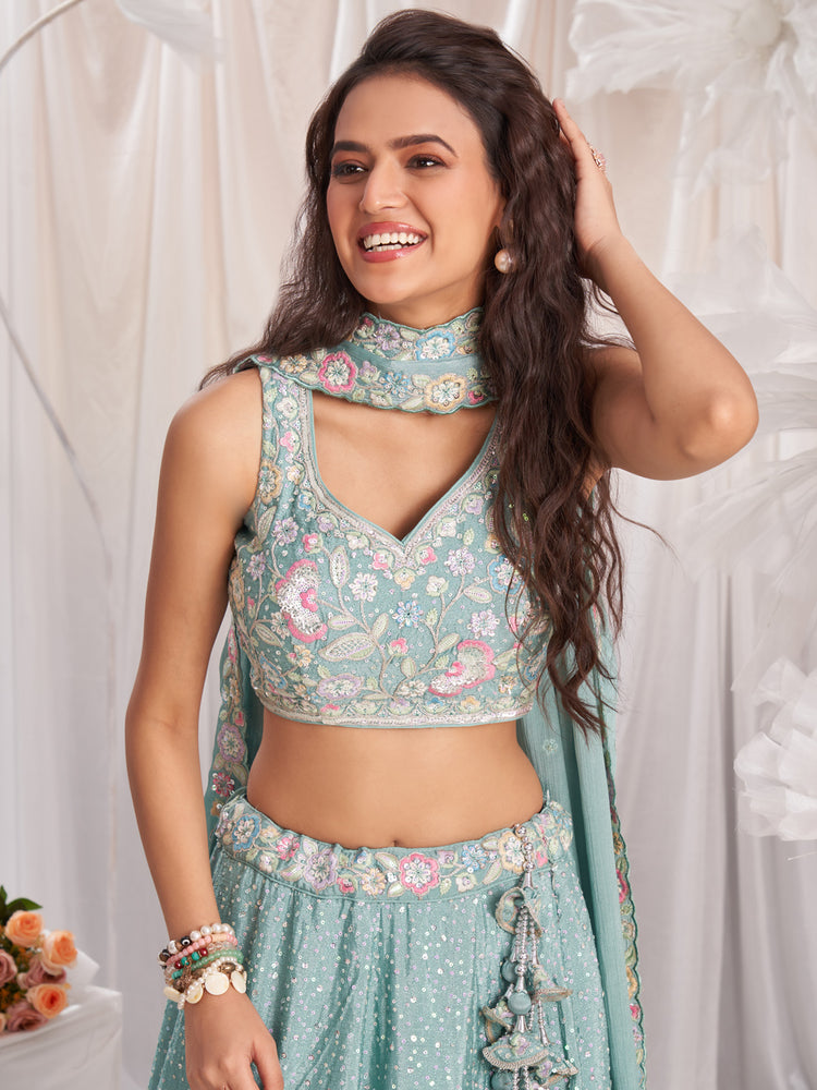 Sea Green Pure Chiffon Sequins and thread embroidery Semi-Stitched Lehenga choli & Dupatta ClothsVilla