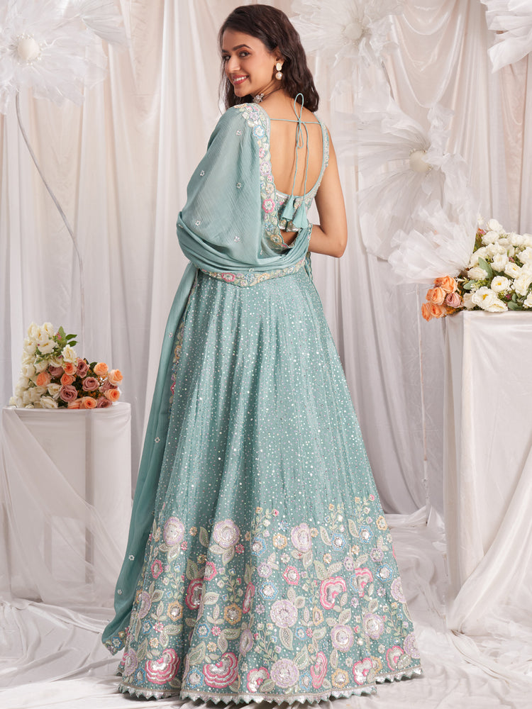 Sea Green Pure Chiffon Sequins and thread embroidery Semi-Stitched Lehenga choli & Dupatta ClothsVilla