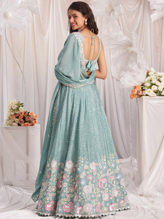 Sea Green Pure Chiffon Sequins and thread embroidery Semi-Stitched Lehenga choli & Dupatta ClothsVilla