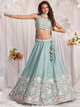 Sea Green Pure Chiffon Sequins and thread embroidery Semi-Stitched Lehenga choli & Dupatta ClothsVilla