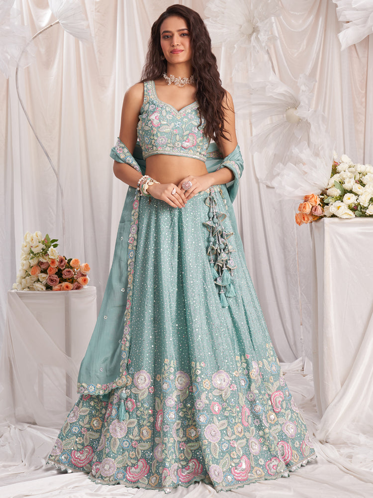 Sea Green Pure Chiffon Sequins and thread embroidery Semi-Stitched Lehenga choli & Dupatta ClothsVilla