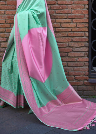 Sea Green Regal Banarasi Soft Silk Saree with Intricate Timeless Design & Blouse Piece ClothsVilla