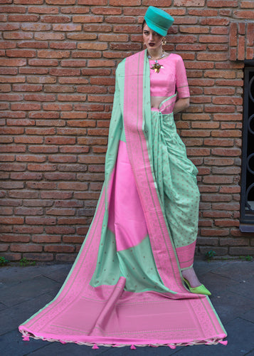 Sea Green Regal Banarasi Soft Silk Saree with Intricate Timeless Design & Blouse Piece ClothsVilla