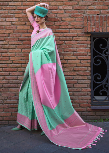 Sea Green Regal Banarasi Soft Silk Saree with Intricate Timeless Design & Blouse Piece ClothsVilla