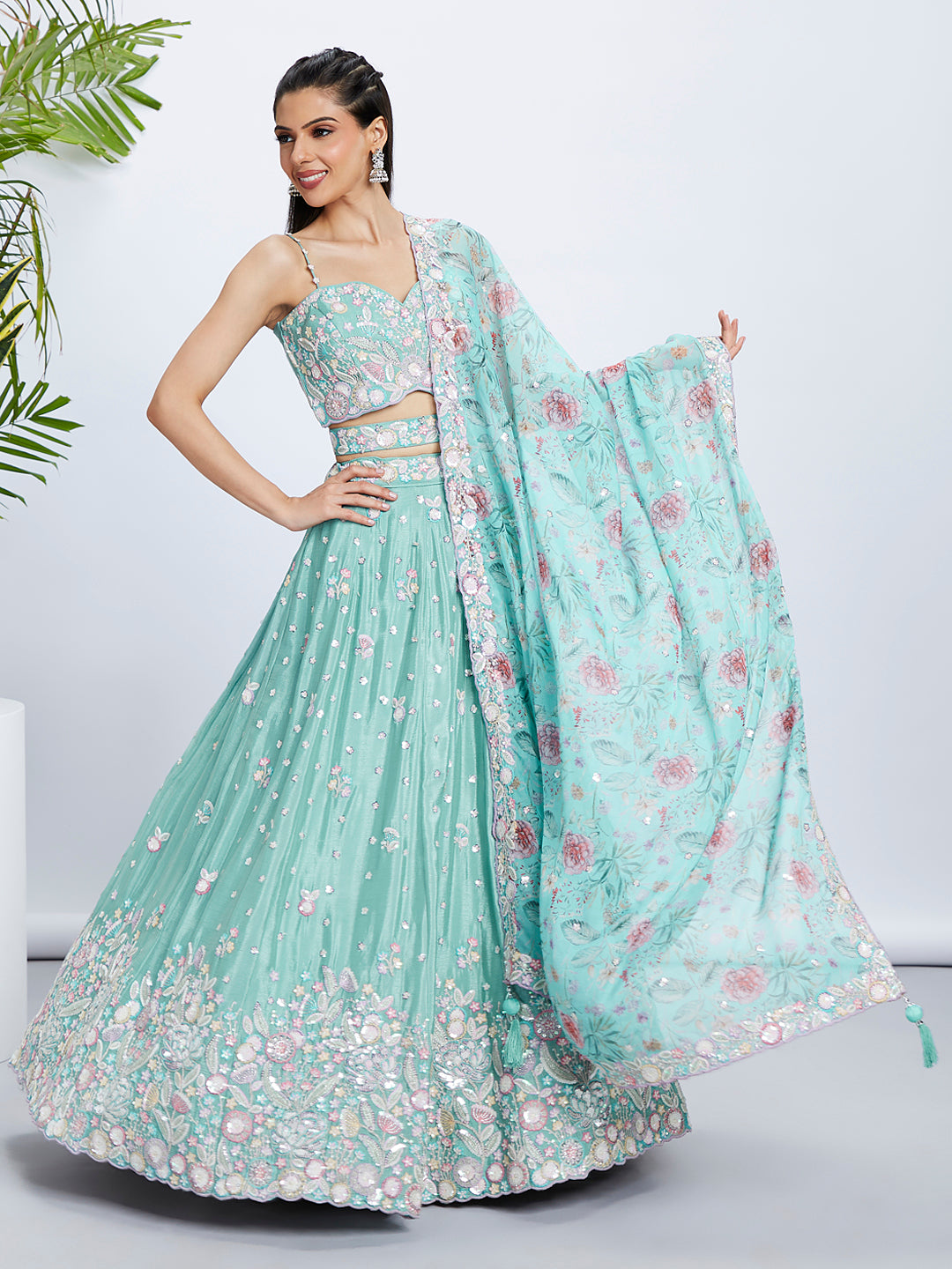 Sea Green Shimmer Sequined & Embroidered Semi-Stitched Lehenga Choli Set ClothsVilla