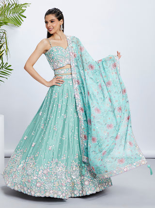 Sea Green Shimmer Sequined & Embroidered Semi-Stitched Lehenga Choli Set ClothsVilla