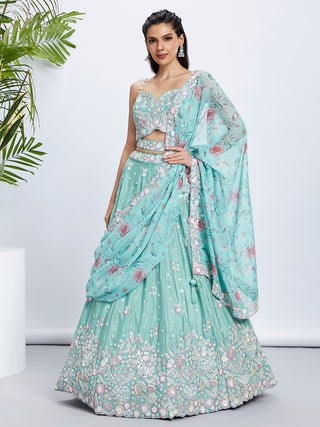 Sea Green Shimmer Sequined & Embroidered Semi-Stitched Lehenga Choli Set ClothsVilla