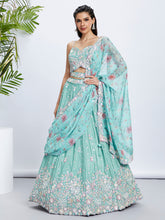 Load image into Gallery viewer, Sea Green Shimmer Sequined &amp; Embroidered Semi-Stitched Lehenga Choli Set ClothsVilla