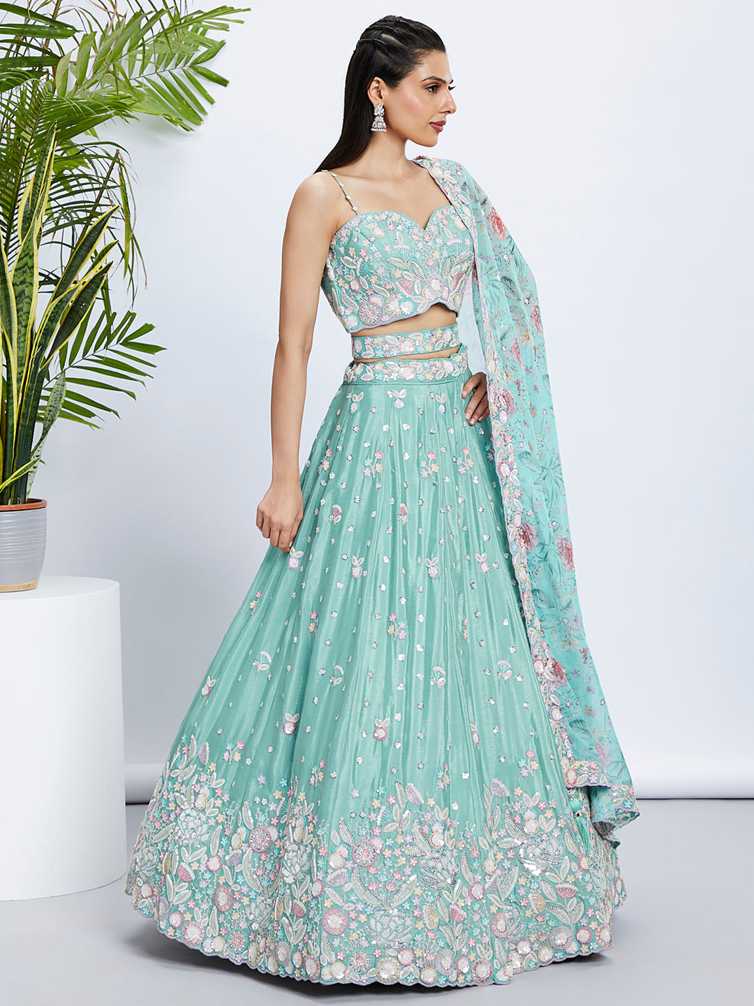 Sea Green Shimmer Sequined & Embroidered Semi-Stitched Lehenga Choli Set ClothsVilla