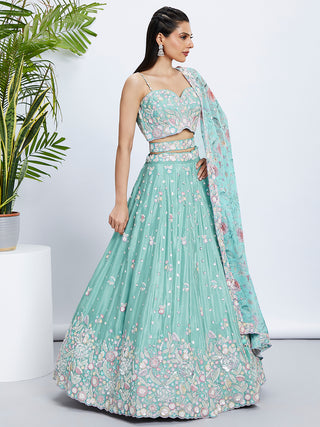 Sea Green Shimmer Sequined & Embroidered Semi-Stitched Lehenga Choli Set ClothsVilla