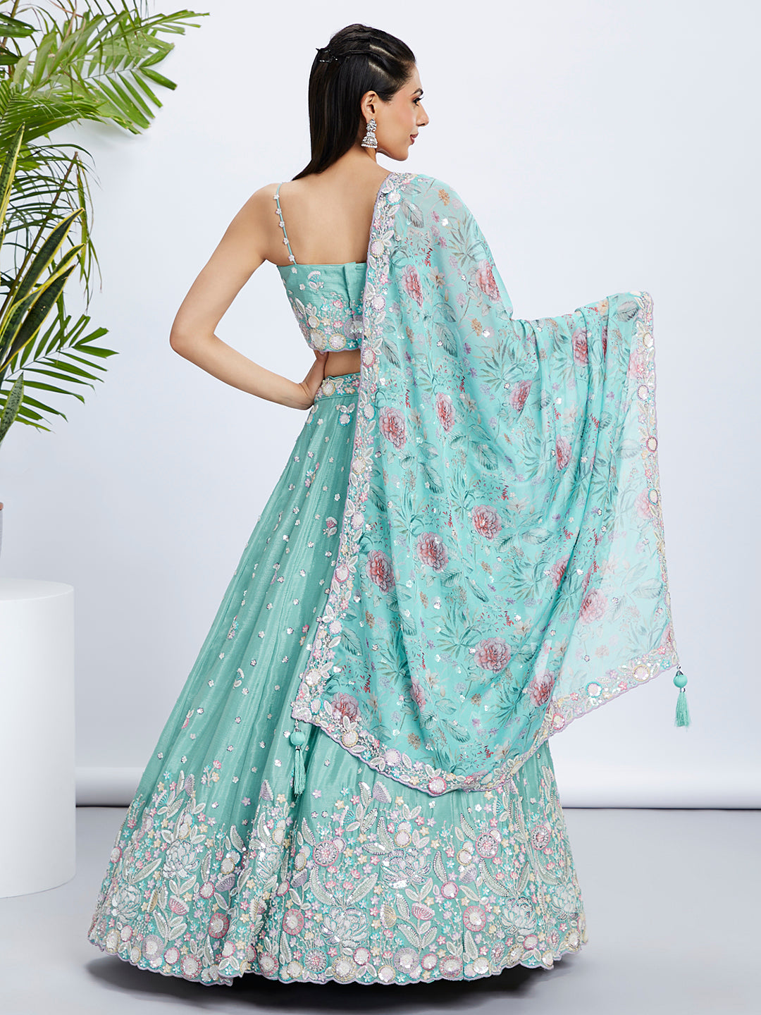 Sea Green Shimmer Sequined & Embroidered Semi-Stitched Lehenga Choli Set ClothsVilla