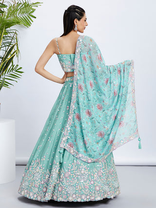 Sea Green Shimmer Sequined & Embroidered Semi-Stitched Lehenga Choli Set ClothsVilla
