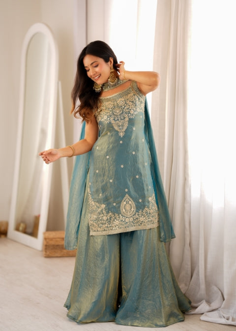 Sea Green Silk Embroidered Sharara Set ClothsVilla