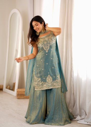 Sea Green Silk Embroidered Sharara Set ClothsVilla