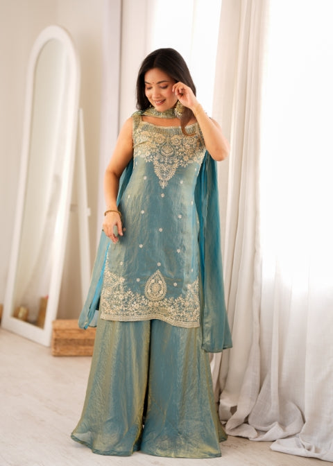 Sea Green Silk Embroidered Sharara Set ClothsVilla