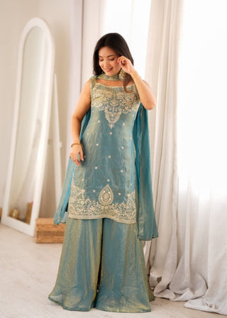 Sea Green Silk Embroidered Sharara Set ClothsVilla