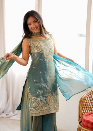 Sea Green Silk Embroidered Sharara Set ClothsVilla