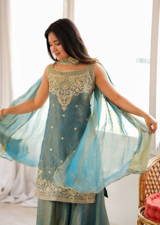 Sea Green Silk Embroidered Sharara Set ClothsVilla
