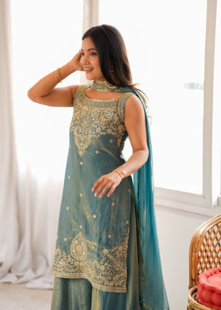Sea Green Silk Embroidered Sharara Set ClothsVilla