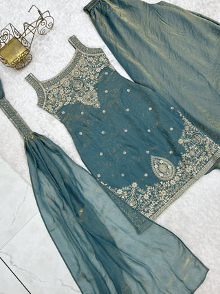 Sea Green Silk Embroidered Sharara Set ClothsVilla