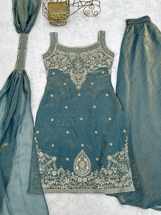Sea Green Silk Embroidered Sharara Set ClothsVilla