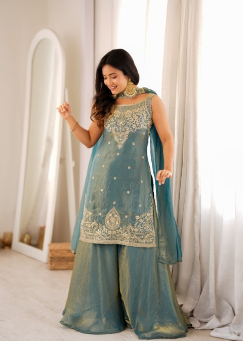 Sea Green Silk Embroidered Sharara Set ClothsVilla