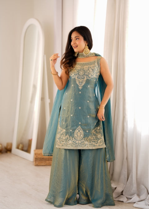 Sea Green Silk Embroidered Sharara Set ClothsVilla