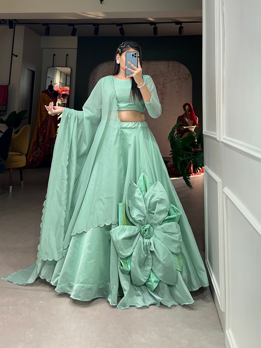 Sea Green Simple & Elegant Rajwadi Chanderi Lehenga Choli ClothsVilla