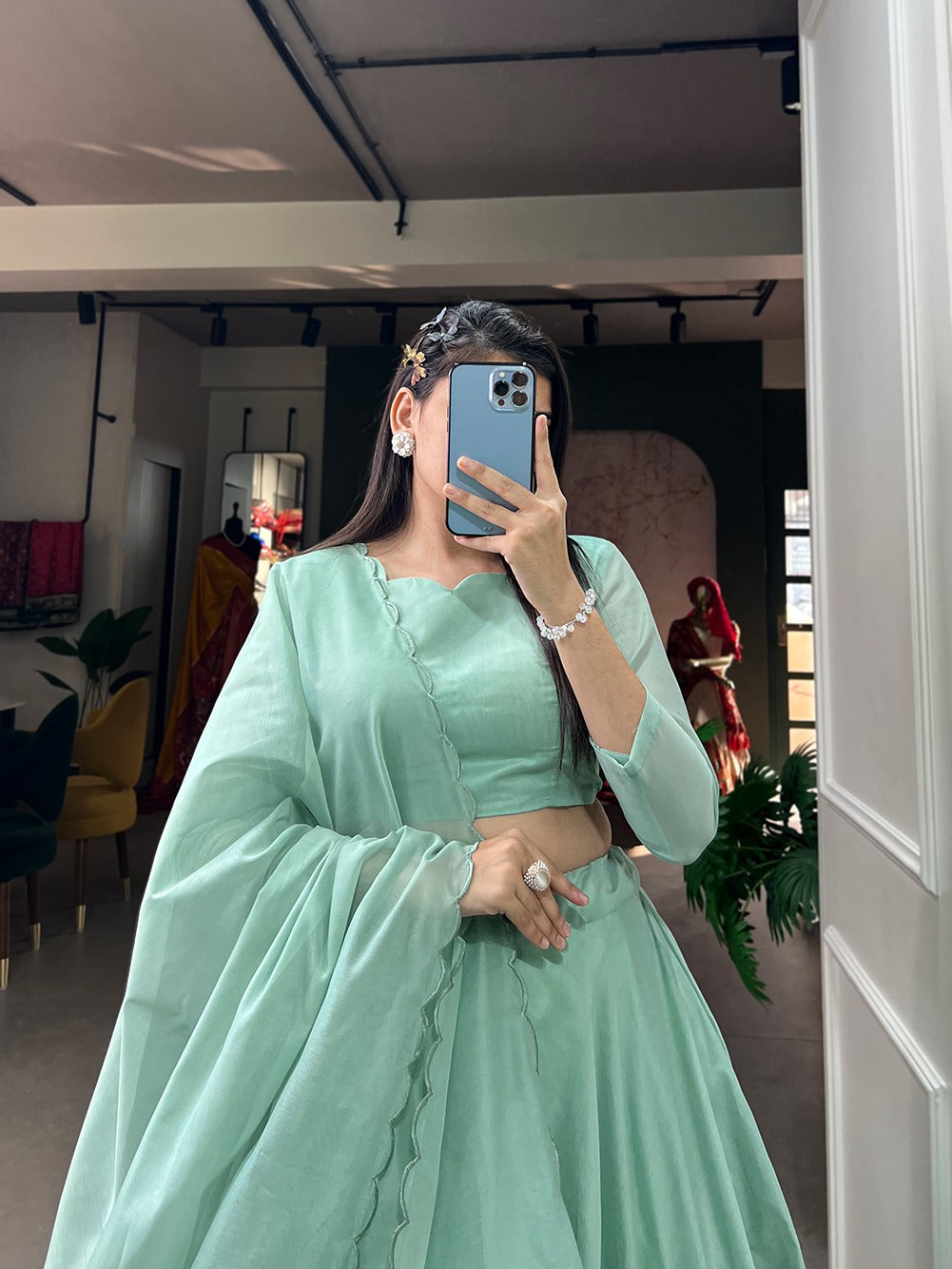 Sea Green Simple & Elegant Rajwadi Chanderi Lehenga Choli ClothsVilla