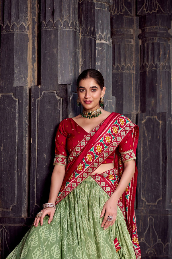 Sea Green Tasar Silk Ikkat Print Lehenga Set with Embroidered Blouse & Dupatta ClothsVilla