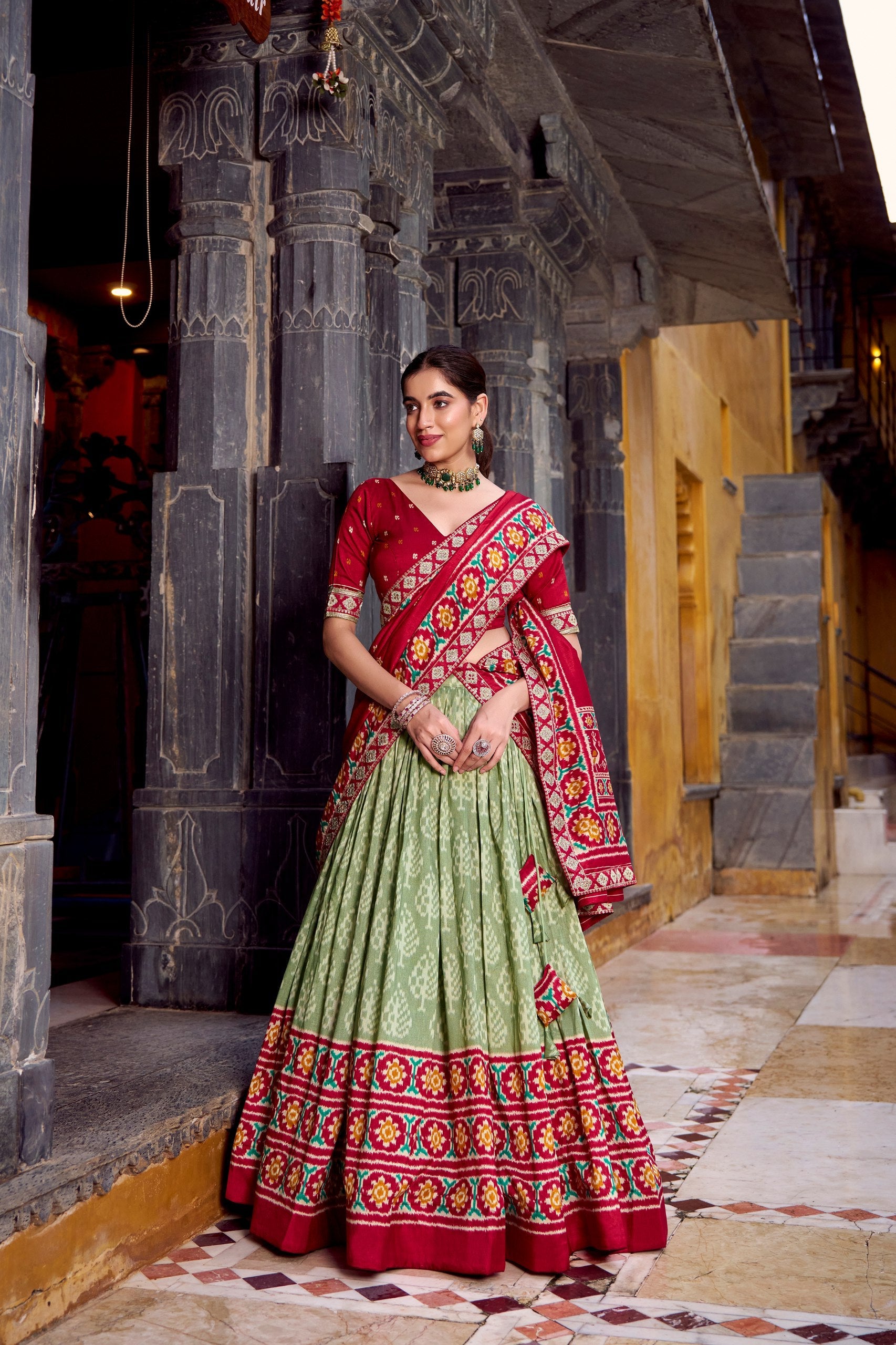 Sea Green Tasar Silk Ikkat Print Lehenga Set with Embroidered Blouse & Dupatta ClothsVilla Main image
