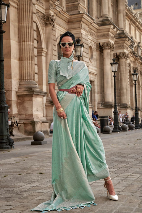 Sea Green Traditional Woven Satin Silk Blend Saree with Blouse Piece – Festive & Partywear ClothsVilla Main image