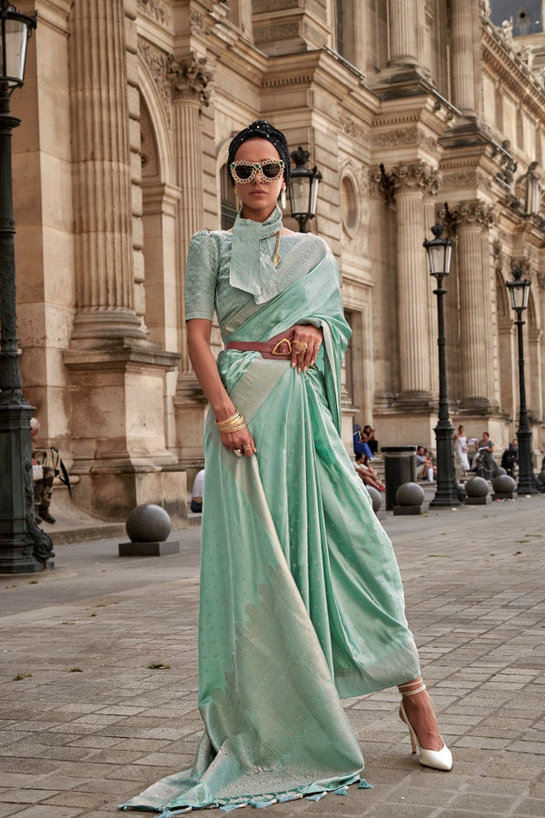 Sea Green Traditional Woven Satin Silk Blend Saree with Blouse Piece – Festive & Partywear ClothsVilla
