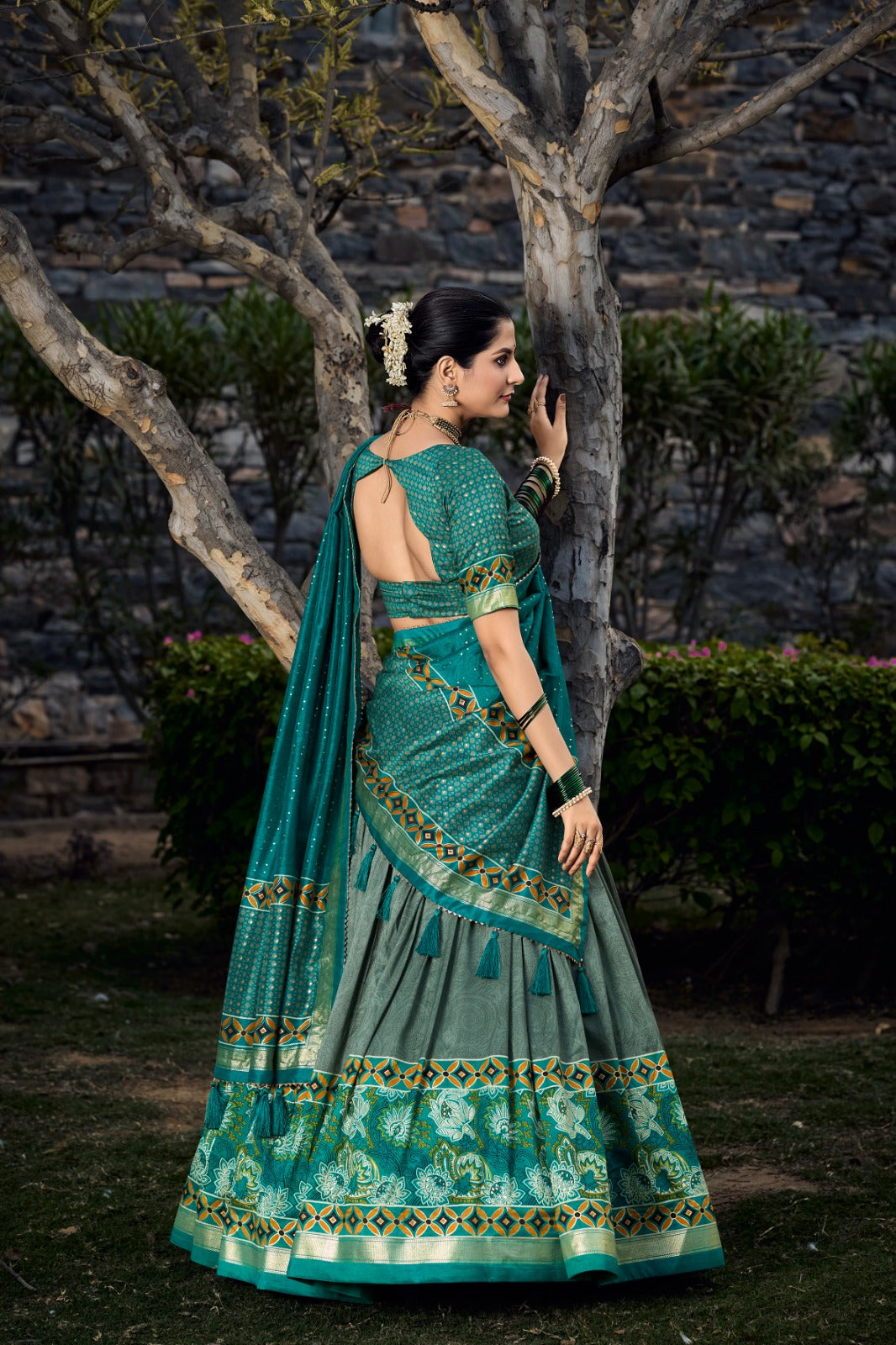 Sea Green Tussar Silk Lehenga Choli with Exquisite Foil Print Florals ClothsVilla