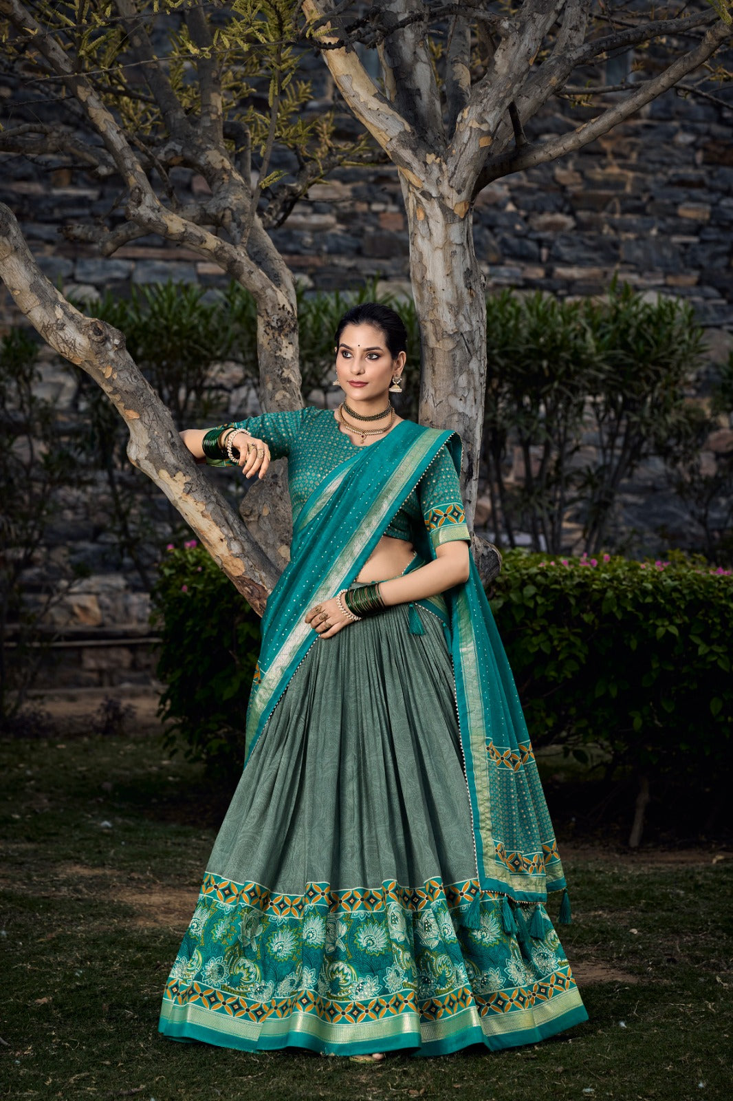 Sea Green Tussar Silk Lehenga Choli with Exquisite Foil Print Florals ClothsVilla