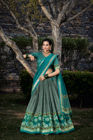 Sea Green Tussar Silk Lehenga Choli with Exquisite Foil Print Florals ClothsVilla