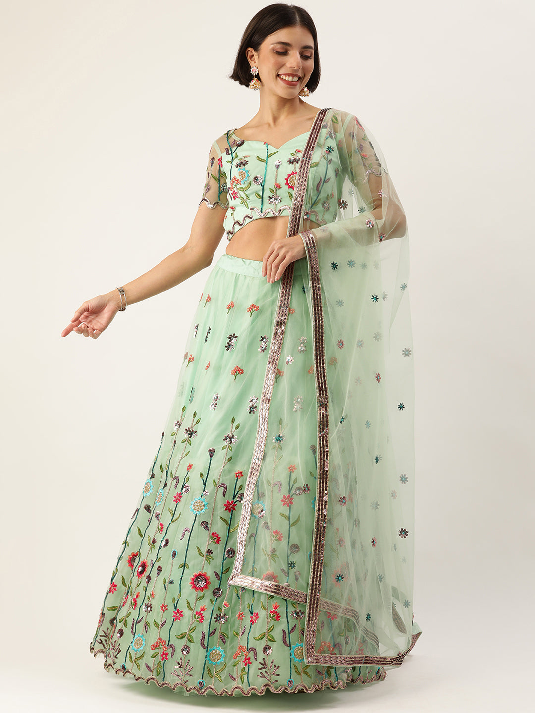 Seagreen - Net Sequin Embroidered Semi-Stitched Lehenga Clothsvilla Main image