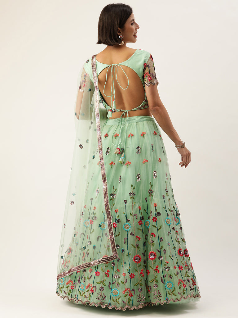 Seagreen - Net Sequin Embroidered Semi-Stitched Lehenga Clothsvilla