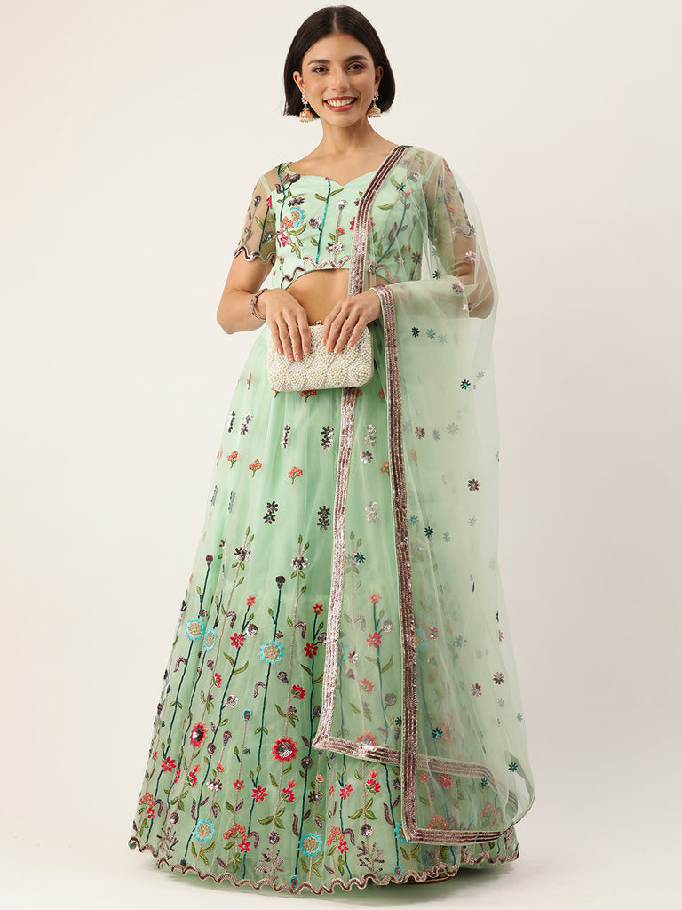 Seagreen - Net Sequin Embroidered Semi-Stitched Lehenga Clothsvilla