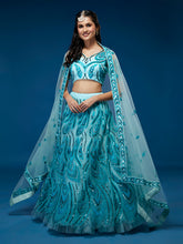 Load image into Gallery viewer, Seagreen Net Sequins Embroidered Semi-Stitched Lehenga &amp; Blouse with Dupatta Clothsvilla