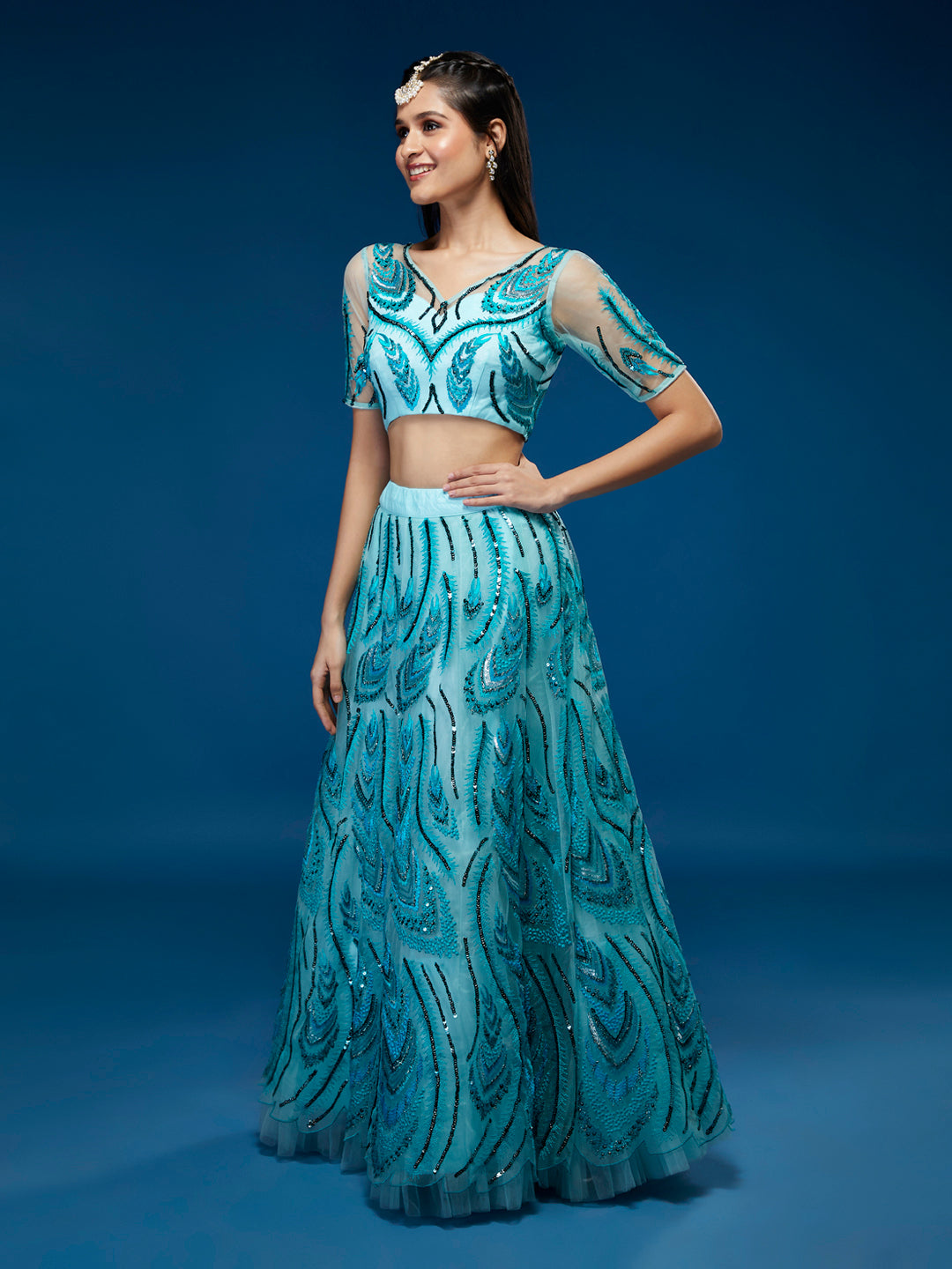 Seagreen Net Sequins Embroidered Semi-Stitched Lehenga & Blouse with Dupatta Clothsvilla