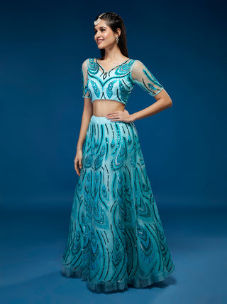 Seagreen Net Sequins Embroidered Semi-Stitched Lehenga & Blouse with Dupatta Clothsvilla