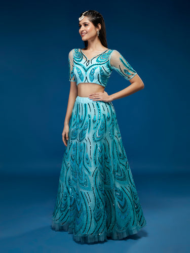 Seagreen Net Sequins Embroidered Semi-Stitched Lehenga & Blouse with Dupatta Clothsvilla