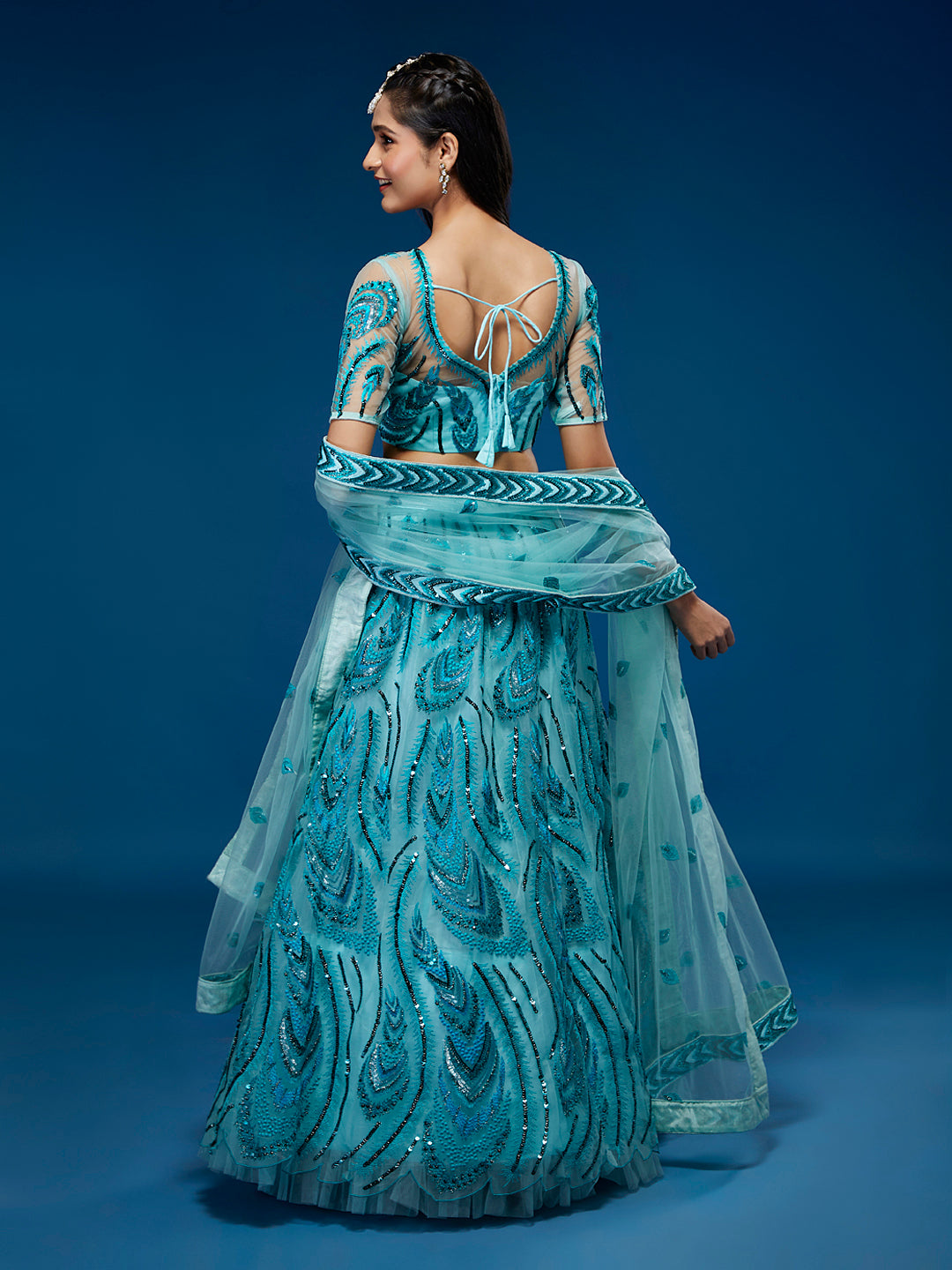 Seagreen Net Sequins Embroidered Semi-Stitched Lehenga & Blouse with Dupatta Clothsvilla